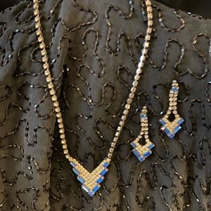 Blue & Icy Rhinestone Necklace & Earring Set 8.5L & 2”L